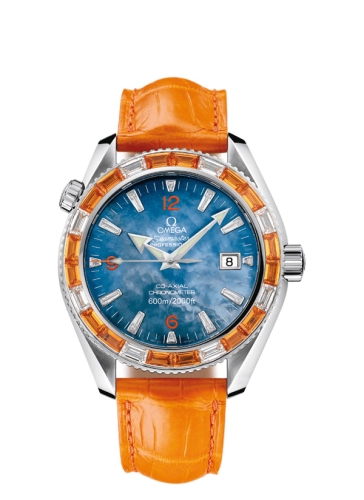 Omega Seamaster Planet Ocean 600M 42-2915.50.48 (Orange Alligator Leather Strap, Blue MOP Arabic/Index Dial, Baguette-cut Orange Sapphire/Diamond-set Bezel)