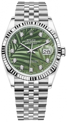 Rolex Datejust 36-126234 (Oystersteel Jubilee Bracelet, Gold Diamond-set Olive-green Palm Dial, Fluted Bezel)