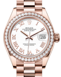 Rolex Lady-Datejust 28-279135RBR (Everose Gold President Bracelet, White Roman Dial, Diamond Bezel) (m279135rbr-0023)