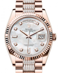 Rolex Day-Date 36-128235 (Everose Gold Diamond-set President Bracelet, Gold Diamond-set White MOP Dial, Fluted Bezel) (m128235-0032)