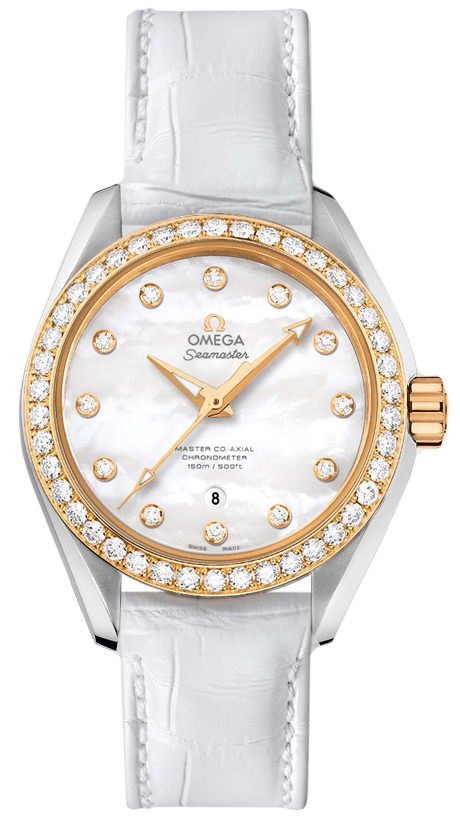 Omega Seamaster Aqua Terra 150M 34-231.28.34.20.55.004 (White Alligator Leather Strap, White MOP Diamond Index Dial, Yellow Gold Diamond-set Bezel)