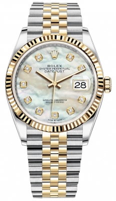 Rolex Datejust 36-126233 (Yellow Rolesor Jubilee Bracelet, Gold Diamond-set White MOP Dial, Fluted Bezel)