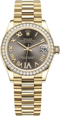 Rolex Datejust 31-278288RBR (Yellow Gold President Bracelet, VI Diamond-set Dark-grey Dial, Diamond Bezel)