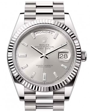 Rolex Day-Date 40-228239 (White Gold President Bracelet, Silver Diamond-set Index Dial, Fluted Bezel)