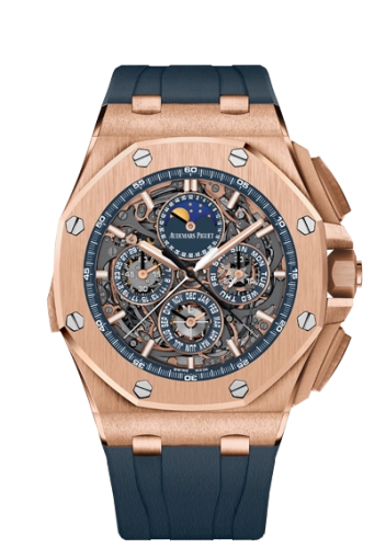 Audemars Piguet Royal Oak Offshore 44-26571OR.OO.A027CA.01.99 (Blue Rubber Strap, Transparent Sapphire Openworked Blue Index Dial, Pink Gold Smooth Bezel)
