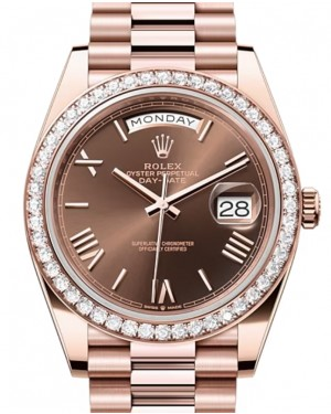 Rolex Day-Date 40-228345RBR (Everose Gold President Bracelet, Chocolate Roman Dial, Diamond Bezel)