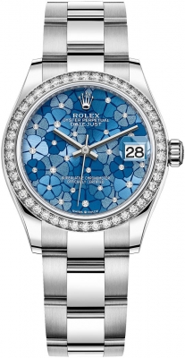 Rolex Datejust 31-278384RBR (Oystersteel Oyster Bracelet, Gold Diamond-set Azzurro-blue Floral Dial, Diamond Bezel)
