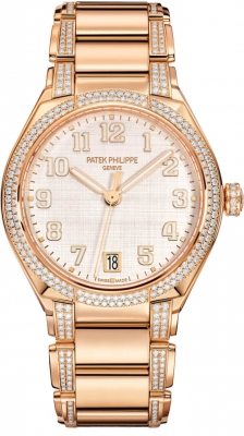 Patek Philippe Twenty~4 36-7300/1201R-001 (Diamond & Rose Gold Bracelet, Silvery Vertical/Horizontal Satin-finished Arabic Dial, Diamond Bezel)