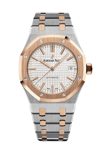 Audemars Piguet Royal Oak 37-15450SR.OO.1256SR.01 (Pink Gold & Stainless Steel Bracelet, Grande Tapisserie Silver-toned Index Dial, Pink Gold Smooth Bezel)