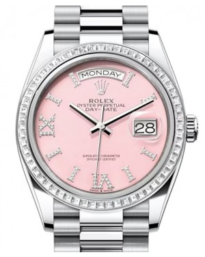 Rolex Day-Date 36-128396TBR (Platinum President Bracelet, VI IX Gold Diamond-set Pink Opal Dial, Diamond Bezel)