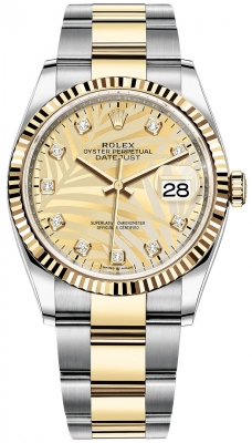 Rolex Datejust 36-126233 (Yellow Rolesor Oyster Bracelet, Gold Diamond-set Golden Palm Dial, Fluted Bezel)