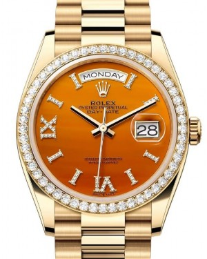 Rolex Day-Date 36-128348RBR (Yellow Gold President Bracelet, VI IX Gold Diamond-set Carnelian Dial, Diamond Bezel)