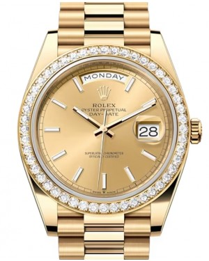 Rolex Day-Date 40-228348RBR (Yellow Gold President Bracelet, Champagne Index Dial, Diamond Bezel)