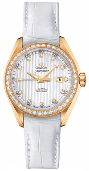 Omega Seamaster Aqua Terra 150M 34-231.58.34.20.55.001 (White Alligator Leather Strap, Vertical-teak White MOP Diamond Index Dial, Yellow Gold Diamond-set Bezel)