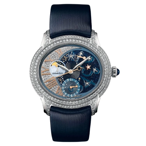 Audemars Piguet Millenary 39.5-77316BC.ZZ.D007SU.01 (Night-blue Technological-silk Strap, Off-centred Blue Aventurine Arabic Disc/Diamond-paved Roman Night-themed Dial, Brilliant-cut Diamond-set Bezel)