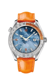 Omega Seamaster Planet Ocean 600M 45.5-2906.50.38 (Orange Alligator Leather Strap, Blue MOP Arabic/Index Dial, Baguette-cut Orange Sapphire/Diamond-set Bezel) (Omega 2906.50.38)