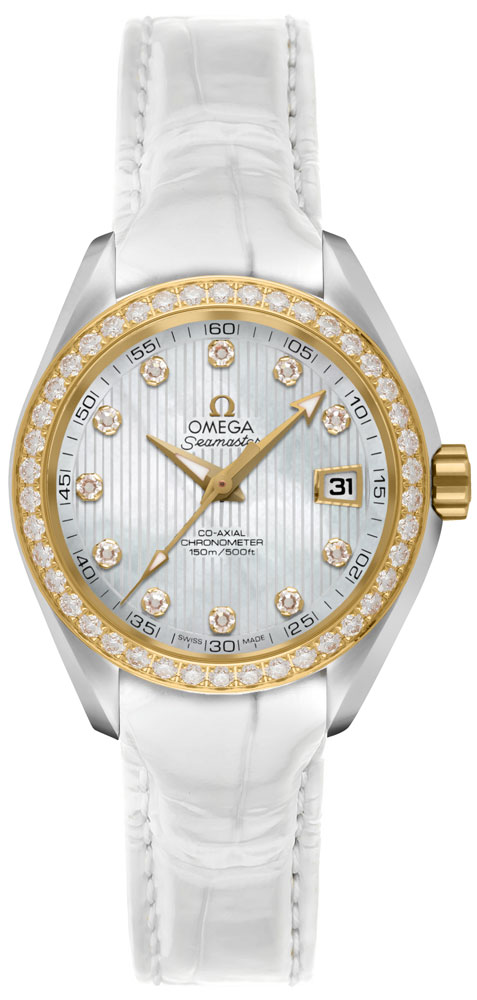 Omega Seamaster Aqua Terra 150M 30-231.28.30.20.55.002 (White Alligator Leather Strap, Vertical-teak White MOP Diamond Index Dial, Red Gold Diamond-set Bezel)