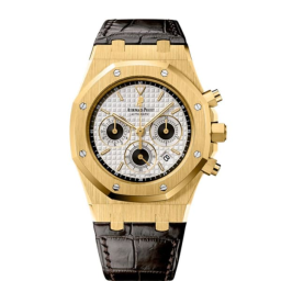 Audemars Piguet Royal Oak 39-26022BA.OO.D098CR.01 (Black Alligator Leather Strap, Grande Tapisserie Silver-toned Index Dial, Yellow Gold Smooth Bezel) (26022BA.OO.D098CR.01)