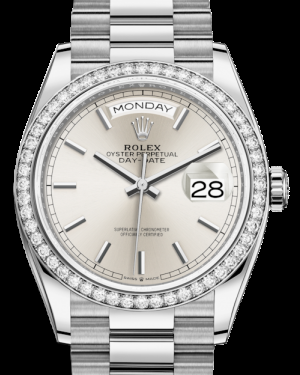 Rolex Day-Date 36-128349RBR (White Gold President Bracelet, Silver Index Dial, Diamond Bezel)