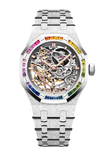 Audemars Piguet Royal Oak 37-15468BC.YG.1259BC.01-B (Hammered White Gold Bracelet, Rhodium-toned Openworked Index Dial, Baguette-cut Rainbow Gemstone-set Bezel)