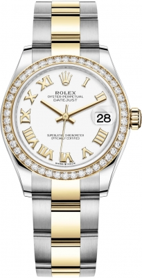 Rolex Datejust 31-278383RBR (Yellow Rolesor Oyster Bracelet, Roman White Dial, Diamond Bezel)