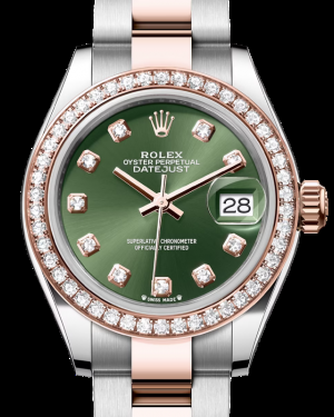 Rolex Lady-Datejust 28-279381RBR (Everose Rolesor Oyster Bracelet, Gold Diamond-set Olive-green Dial, Diamond Bezel)