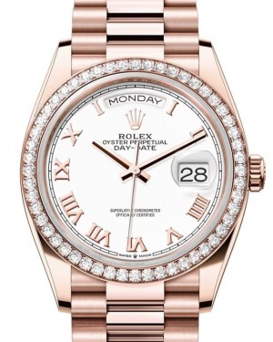 Rolex Day-Date 36-128345RBR (Everose Gold President Bracelet, White Roman Dial, Diamond Bezel)