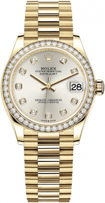 Rolex Datejust 31-278288RBR (Yellow Gold President Bracelet, Gold Diamond-set Silver Dial, Diamond Bezel)