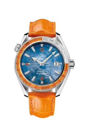 Omega Seamaster Planet Ocean 600M 42-2914.50.48 (Orange Alligator Leather Strap, Blue MOP Arabic/Index Dial, Baguette-cut Orange Sapphire/Diamond-set Bezel)