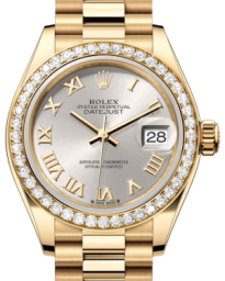 Rolex Lady-Datejust 28-279138RBR (Yellow Gold President Bracelet, Silver Roman Dial, Diamond Bezel) (m279138rbr-0017)