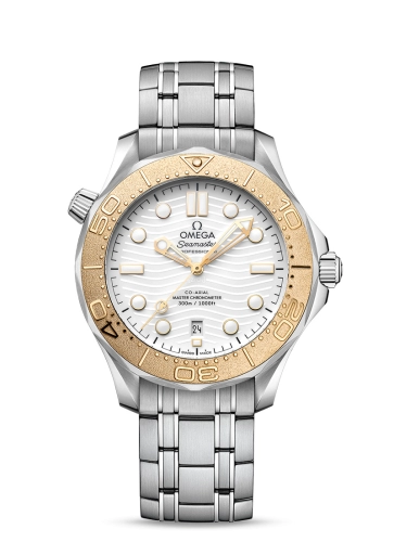 Omega Seamaster Diver 300M 42-522.21.42.20.04.001 (Stainless Steel Bracelet, Wave-embossed White Dot Index Dial, Rotating Moonshine Gold Bezel)