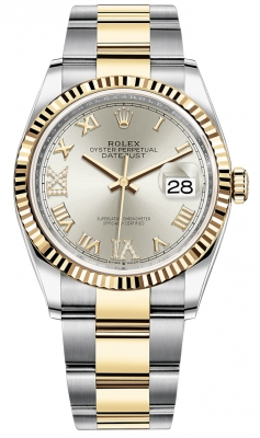 Rolex Datejust 36-126233 (Yellow Rolesor Oyster Bracelet, VI IX Gold Diamond-set Silver Dial, Fluted Bezel)