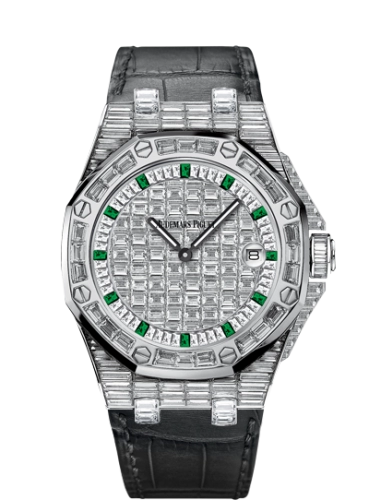 Audemars Piguet Royal Oak Offshore 37-67543BC.ZZ.D002CR.01 (Grey Alligator Leather Strap, Baguette-cut Emerald Markers, Baguette-cut Diamond-paved Dial, Baguette-cut Diamond-set Bezel)