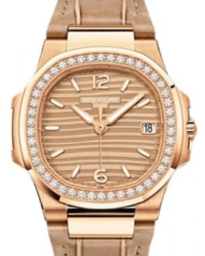 Patek Philippe Nautilus 32-7010R-012 (Shiny-beige Alligator Leather Strap, Gold Wave-motif Arabic/Index Dial, Diamond Bezel) (7010R-012)