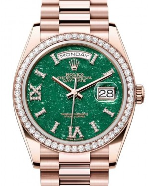 Rolex Day-Date 36-128345RBR (Everose Gold President Bracelet, VI IX Gold Diamond-set Green Adventurine Dial, Diamond Bezel)