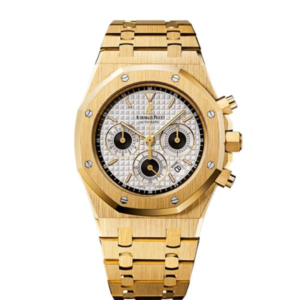 Audemars Piguet Royal Oak 39-25960BA.OO.1185BA.02 (Yellow Gold Bracelet, Grande Tapisserie Silver-toned Index Dial, Yellow Gold Smooth Bezel)