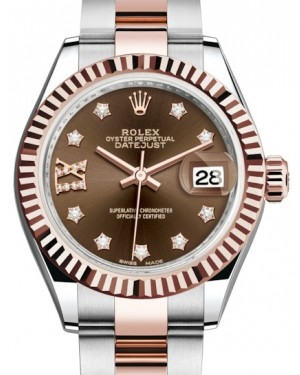 Rolex Lady-Datejust 28-279171 (Everose Rolesor Oyster Bracelet, Gold Diamond IX-set Chocolate Dial, Fluted Bezel)