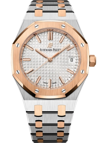 Audemars Piguet Royal Oak 34-77350SR.OO.1261SR.01 (Pink Gold & Stainless Steel Bracelet, Grande Tapisserie Silver-toned Index Dial, Pink Gold Smooth Bezel)