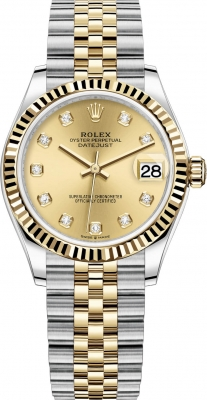 Rolex Datejust 31-278273 (Yellow Rolesor Jubilee Bracelet, Gold Diamond-set Champagne Dial, Fluted Bezel)