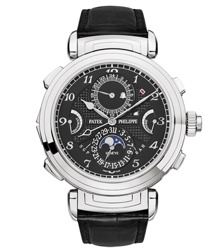 Patek Philippe Grand Complications 47.7-6300G-001 (Shiny-black Alligator Leather Strap, Black-White Double-sided Arabic Dial, White Gold Smooth Bezel)
