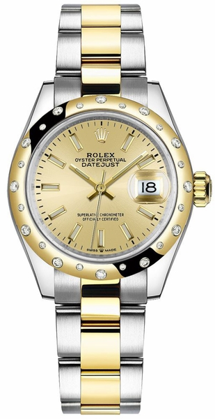 Rolex Datejust 31-278343RBR (Yellow Rolesor Oyster Bracelet, Champagne Index Dial, Domed Diamond Bezel)