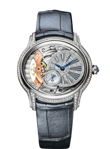 Audemars Piguet Millenary 39.5-77248BC.ZZ.A111CR.01 (Shimmering-finished Grey Alligator Leather Strap, Diamond-paved White Gold Off-centred Disc Openworked Dial, White Gold Diamond-set Bezel)