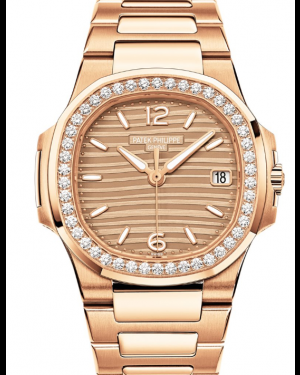 Patek Philippe Nautilus 32-7010/1R-012 (Rose Gold Bracelet, Gold Wave-motif Arabic/Index Dial, Diamond Bezel)