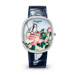 Patek Philippe Golden Ellipse 34.5x39.5-5738/50G-001 (Shiny Navy-blue Alligator Leather Strap, Grand Feu-cloisonné Enamel Japanese Print Dial, White Gold Smooth Bezel) (5738/50G-001)