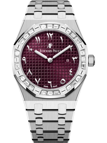 Audemars Piguet Royal Oak 33-67656BC.ZZ.1261BC.01 (White Gold Bracelet, Grande Tapisserie Burgundy Special Arabic Dial, Baguette-cut Diamond-set Bezel)