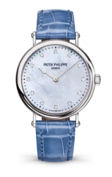 Patek Philippe Calatrava 34.6-7200/50G-010 (Shiny Peacock-blue Alligator Leather Strap, Diamond-set White MOP Dial, White Gold Smooth Bezel) (7200/50G-010)