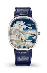 Patek Philippe Golden Ellipse 34.5x39.5-5738/50G-025 (Shiny Navy-blue Alligator Leather Strap, Grand Feu-cloisonné Enamel Snow-covered Landscape Dial, White Gold Smooth Bezel) (5738/50G-025)