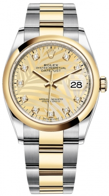 Rolex Datejust 36-126203 (Yellow Rolesor Oyster Bracelet, Gold Diamond-set Golden Palm Dial, Domed Bezel)