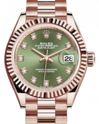 Rolex Lady-Datejust 28-279175 (Everose Gold President Bracelet, Gold Diamond-set Olive-green Dial, Fluted Bezel) (m279175-0009)