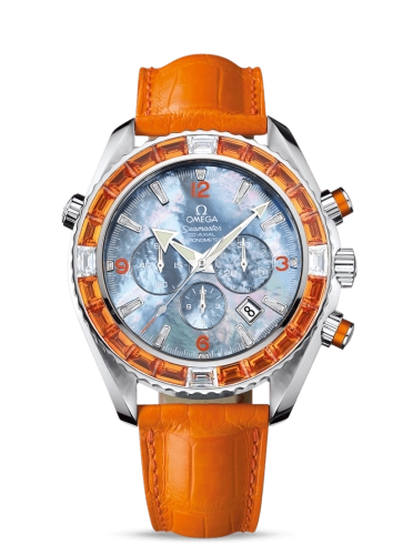 Omega Seamaster Planet Ocean 600M 45.5-222.28.46.50.57.004 (Orange Alligator Leather Strap, Blue MOP Arabic/Index Dial, Baguette-cut Orange Sapphire/Diamond-set Bezel)